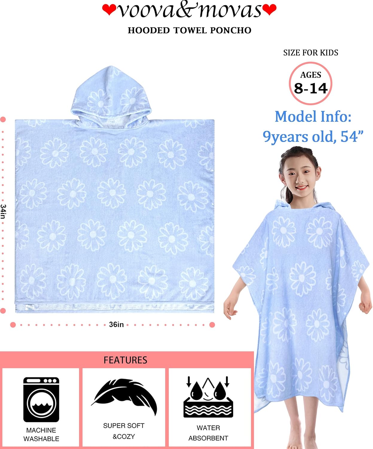 VOOVA & MOVAS Hooded Poncho Towel for Teens/Big Kids (8-14 Years) | Soft Absorbent 100% Cotton Towel Robe | Versatile Beach, Pool, Swim & Bath Cover-Up | Jacquard Blue Daisy