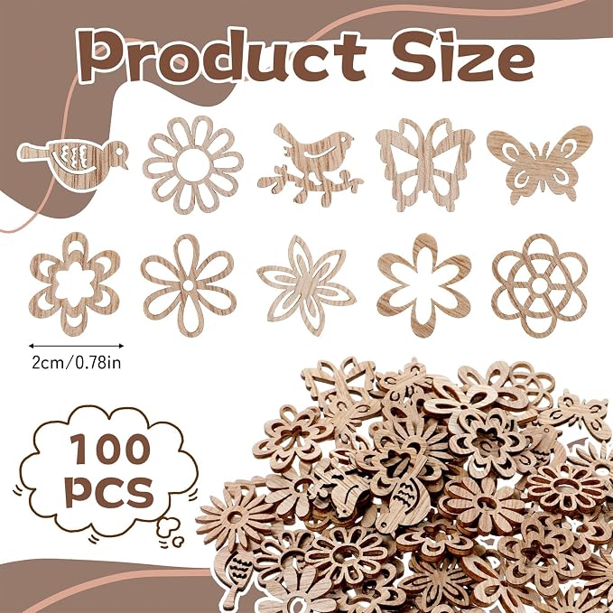 100 PCS Unfinished Wood Crafts Wood Slice Leaf Bird Flowers Butterfly Pattern