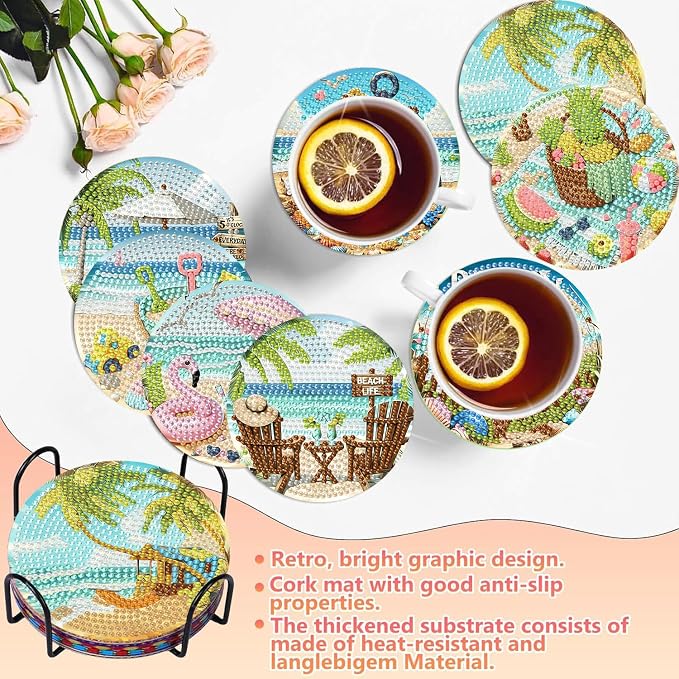 Benjenes 8 PCS Diamond Art Coasters Kits Beach Diamond Painting Coaster |