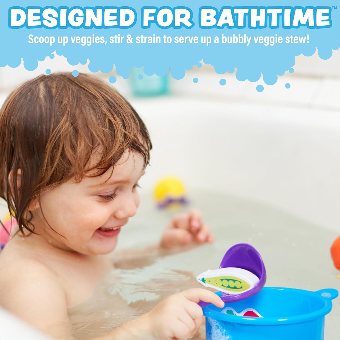 Tub Works® Tub Soup™ Scoop, Strain & Play Toddler Bath Toy | Floating Foam Veggies, Ladle for Scooping & Soup Pot for Straining | Pretend Play Cooking Kids Bath Toys | Creative Bathtub Toys