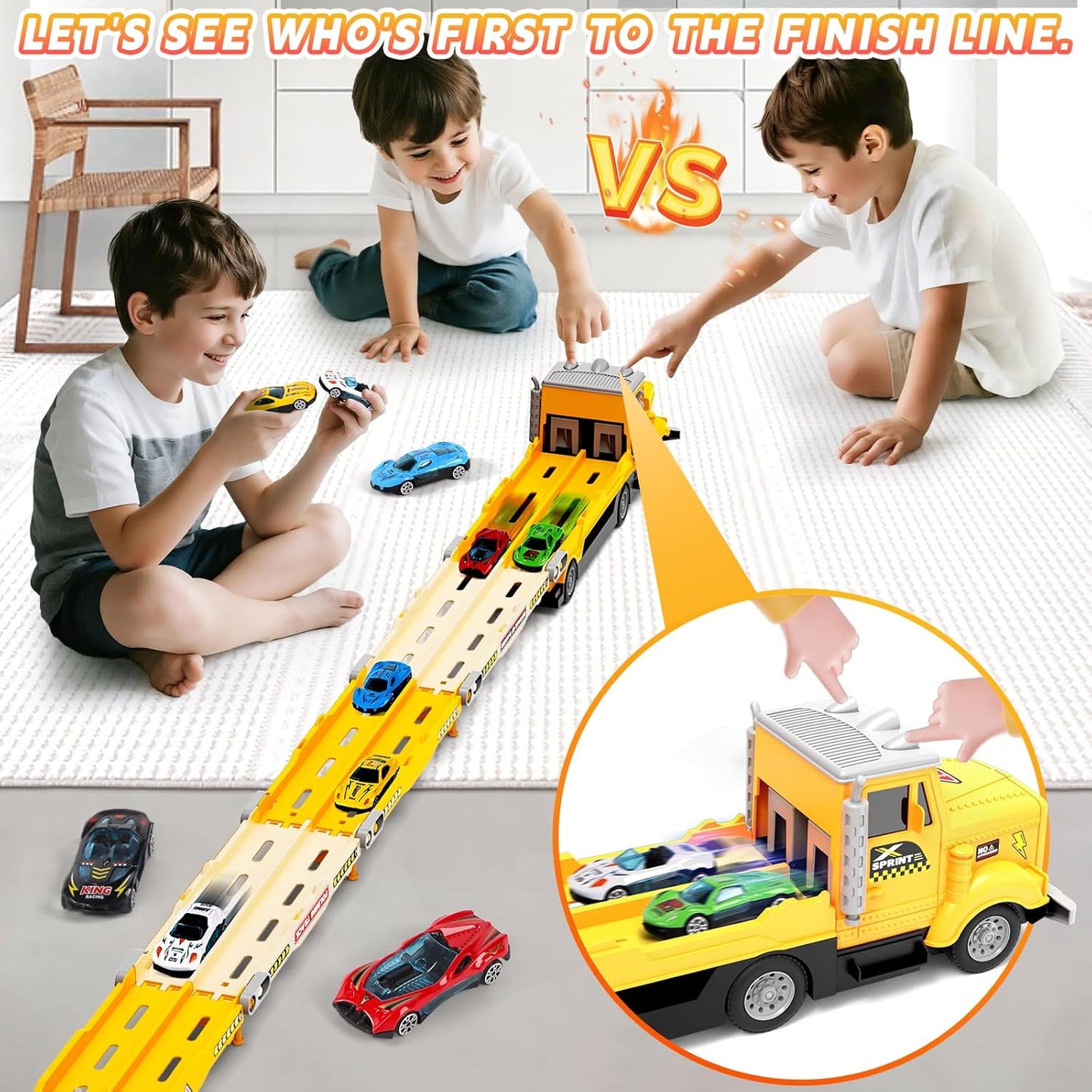 HONGTUO Race Track Truck Toy for Kids – Foldable 3-Layer Car Track Playset with 6 Vehicles, Light & Sound Transport Truck, Christmas & Birthday Gift for Boys and Girls Ages 3-6