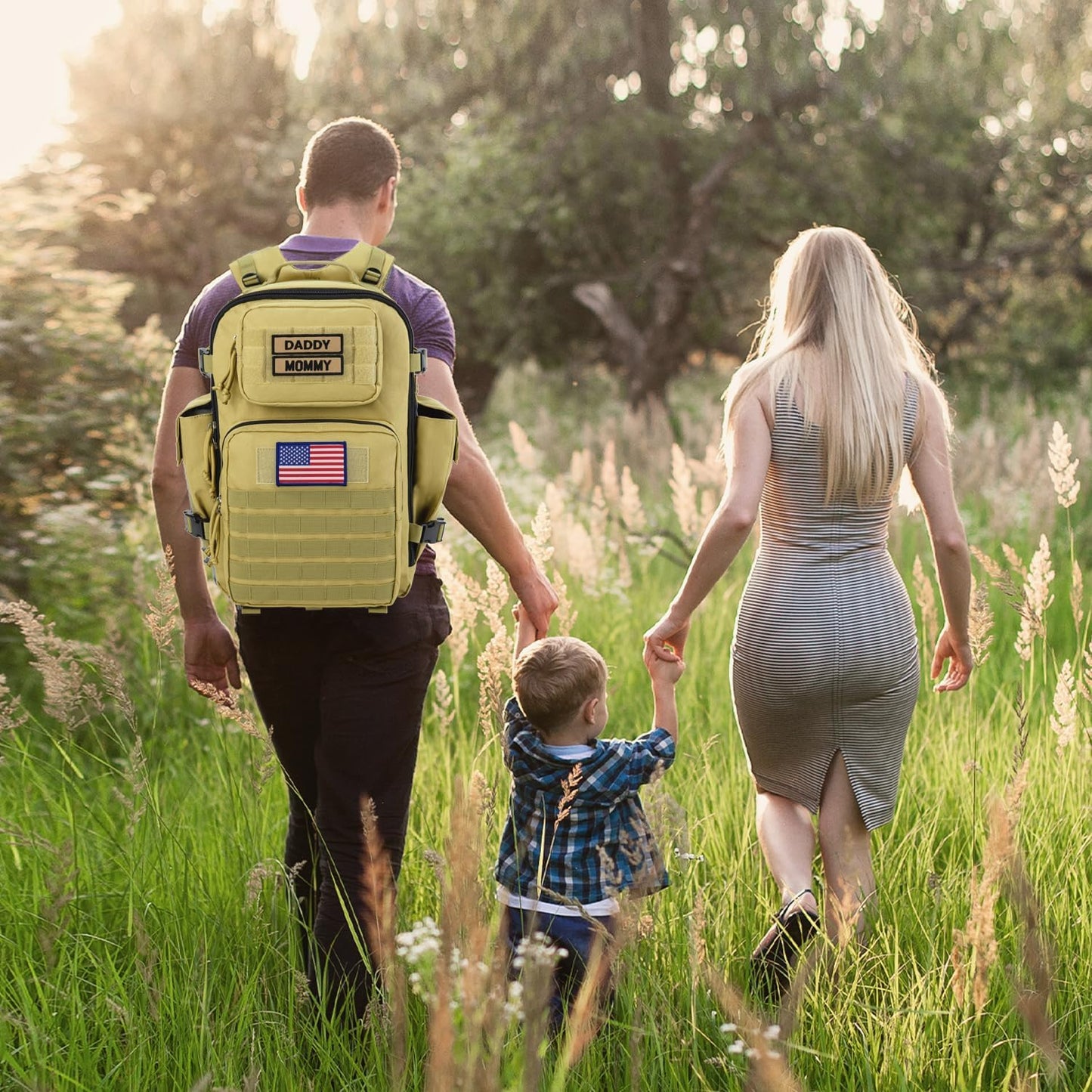 SHARKMOUTH Military Diaper Bag for Dad - Insulated Baby Diaper Backpack with Patches for Hiking Travel Camping - Baby Shower Gifts Tan