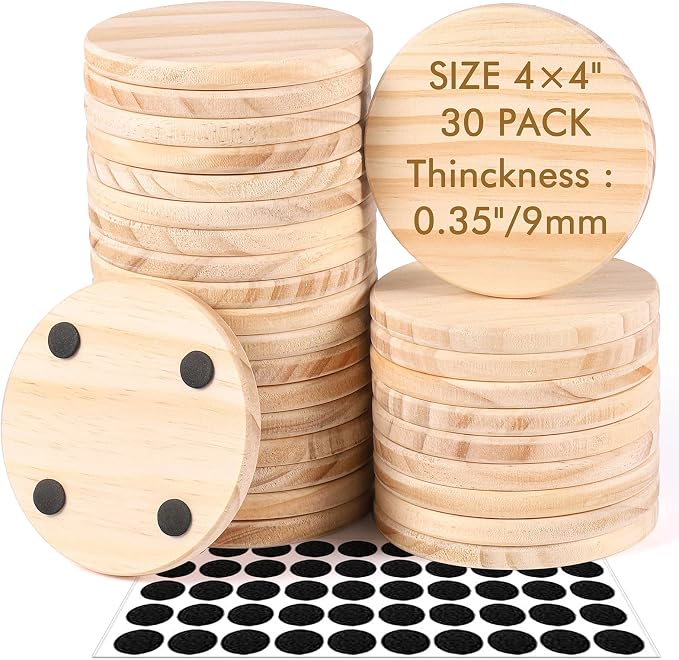 30 Pieces Unfinished Wood Coasters, 4 Inch Round Blank Wooden Coasters