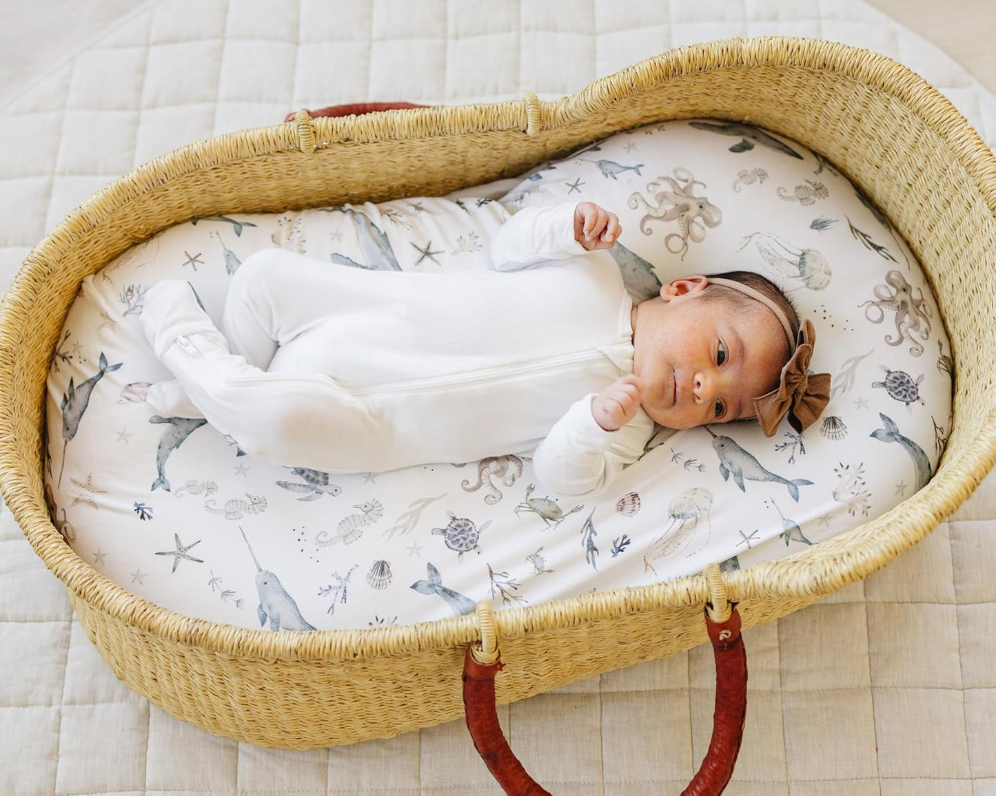 Baby Bassinet Sheets for Boy, Girl (Ocean Odyssey) 2-Pack - Fitted Bedside Bassinet Sheets - Buttery Soft Cotton Blend for Standard Mattress Pad - Compatible with Halo BassiNest