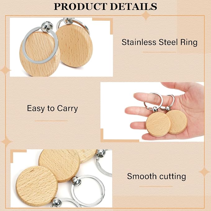 WRINGKIT 50 Pieces Wood Keychain Blanks, Unfinished Wood Key Chain Crafts