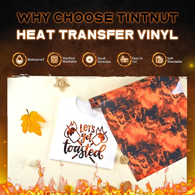 Tintnut Orange Black Flame Heat Transfer Vinyl Roll, stretch washable, heat