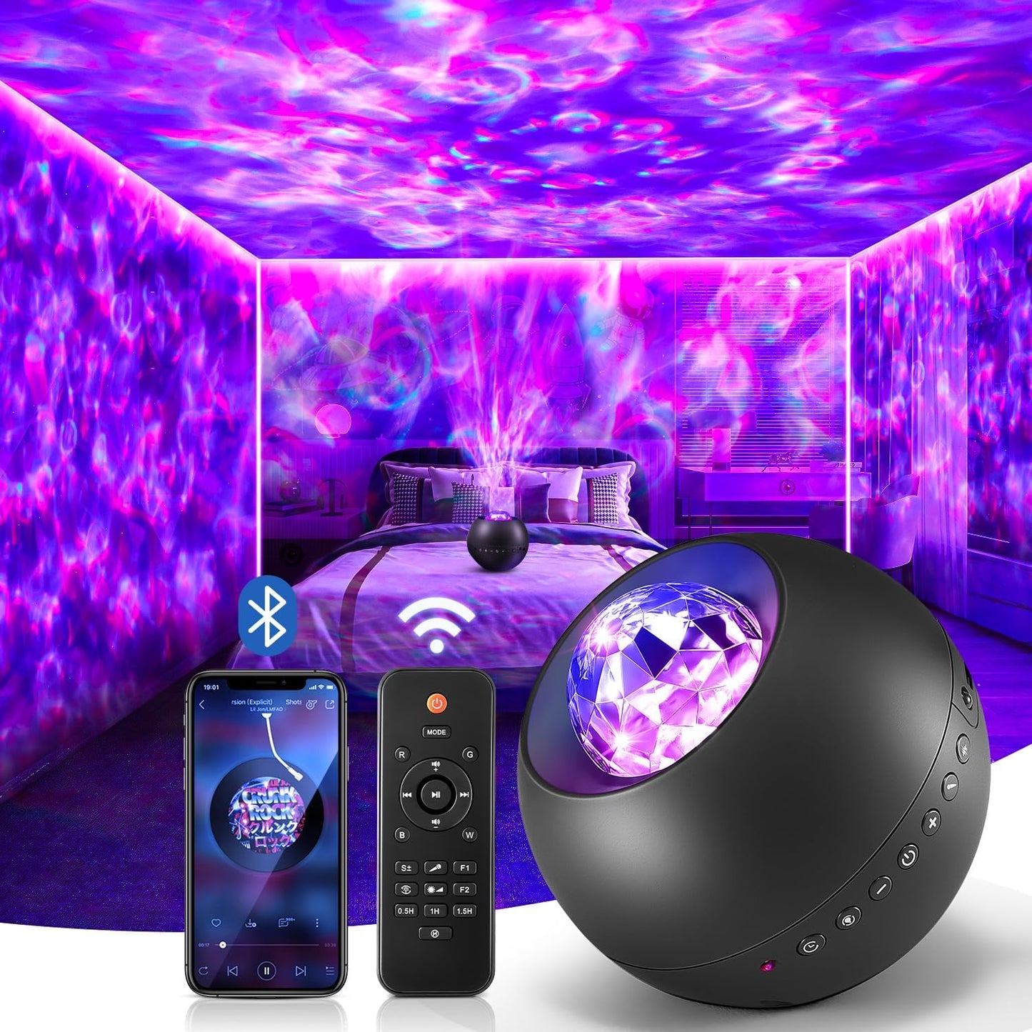 COOLNIGHT Galaxy Light Projector, 210 Light Effects Ceiling Projector with 15 White Noise, HiFi Bluetooth Galaxy Projector for Bedroom, Remote & Timer –Galaxy Projector Lights for Bedroom Adults