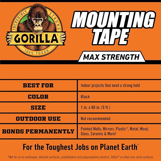 Gorilla Max Strength Mounting Tape, Reinforced Mesh Backing, Holds up to 45 lbs