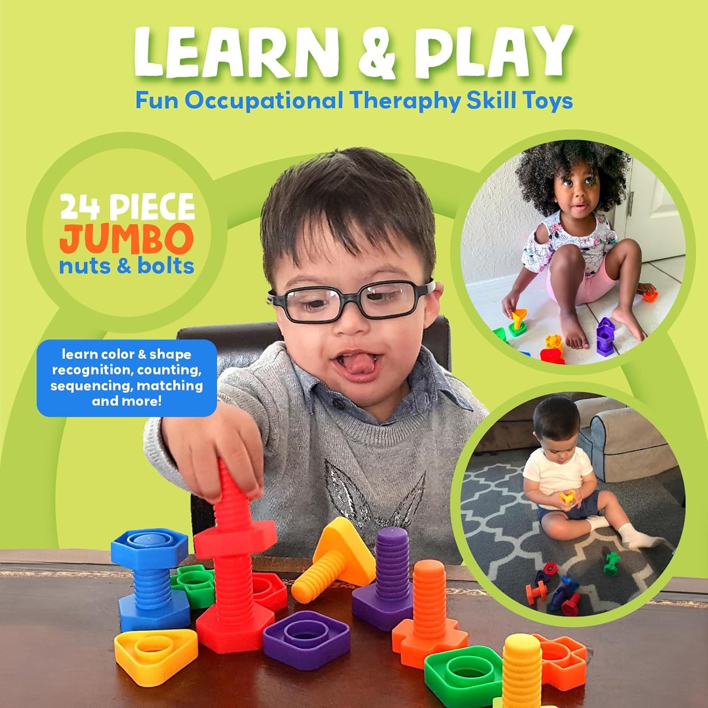 Skoolzy 24 Pc Jumbo Nuts and Bolts - STEM Motor Skills & Therapy Activity Set for Kids & Seniors