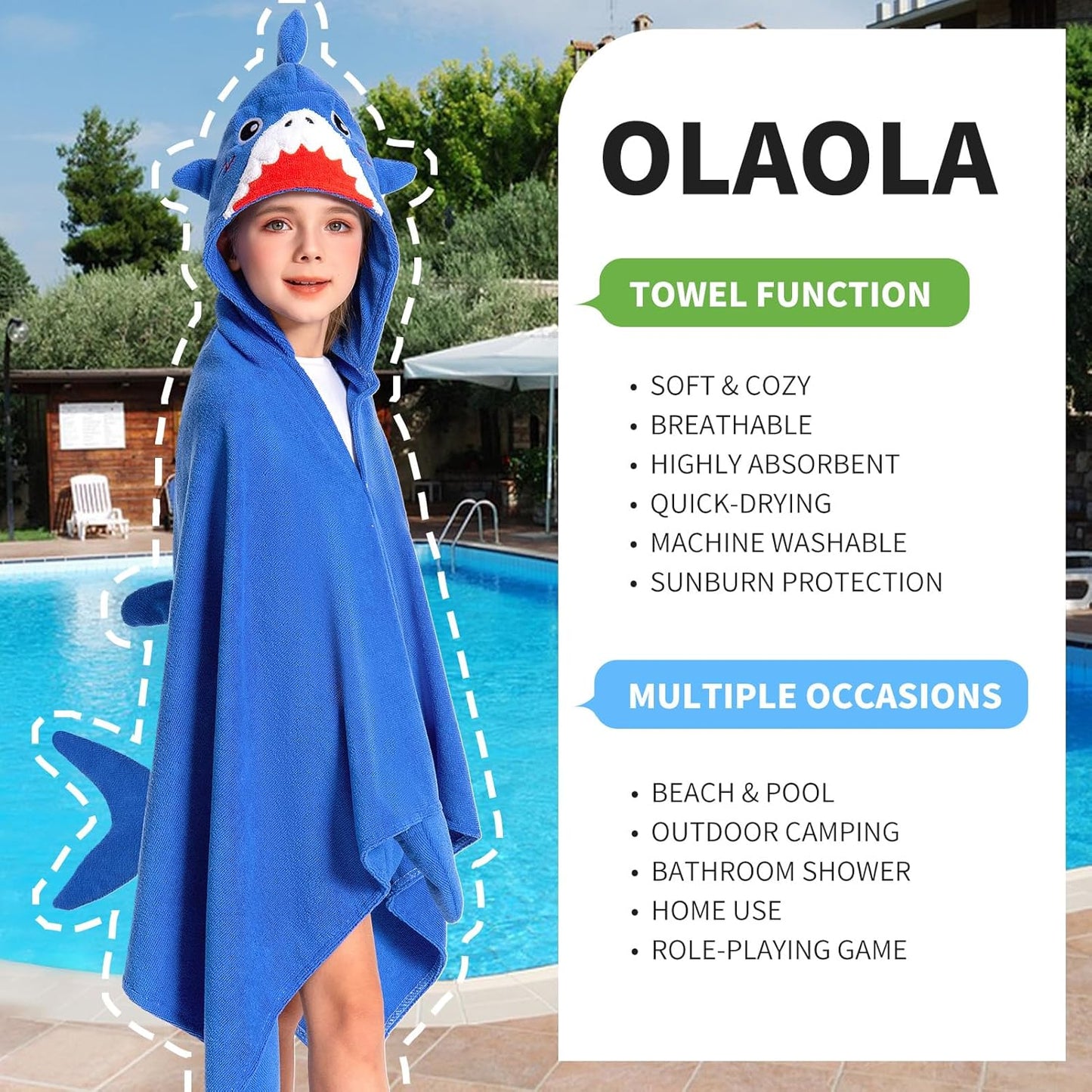 OLAOLA Shark Hooded Towel for Kids 3-12 Years, 28" x 53" Soft Thick Absorbent Beach Towels, Toddler Bath Towel Wrap, Swim Pool Towels Poncho for Boys Girls
