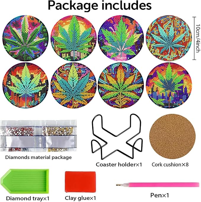 8 PCS Leaves Diamond Art Coasters Kits Diamond Painting Coaster | Diamond