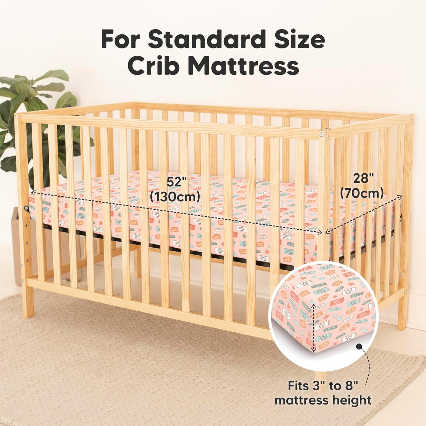 2-Pack Waterproof Baby Crib Sheets for Boys, Girls - 52x28 Viscose Derived from Bamboo Toddler Bed Sheet Neutral, Fitted Crib Mattress Protector Cover for Baby Bedding, Soft & Gentle (Beach Day)