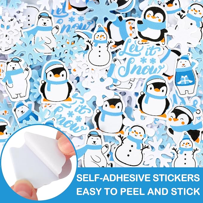 Whaline 500 Pcs Winter Foam Stickers Snowflake Snowman Penguin Bear Decals Self