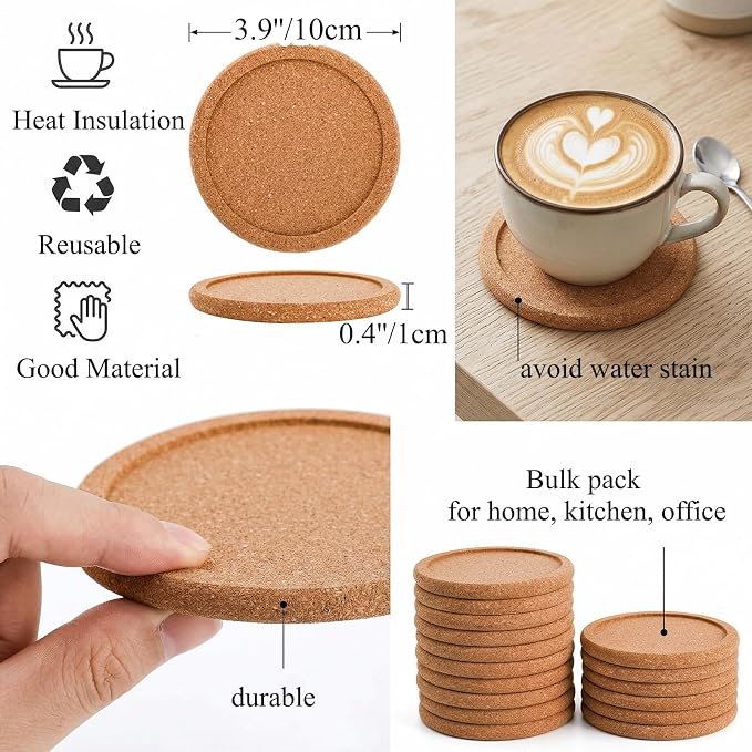 Tebery 20 Pack Round Lip Cork Coasters, 3.9 Inch Absorbent Drink Coaster