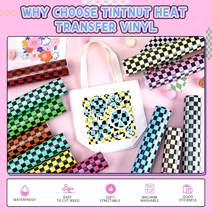 Tintnut Black Base Checkerboard Heat Transfer Vinyl, Checker pattern PU HTV