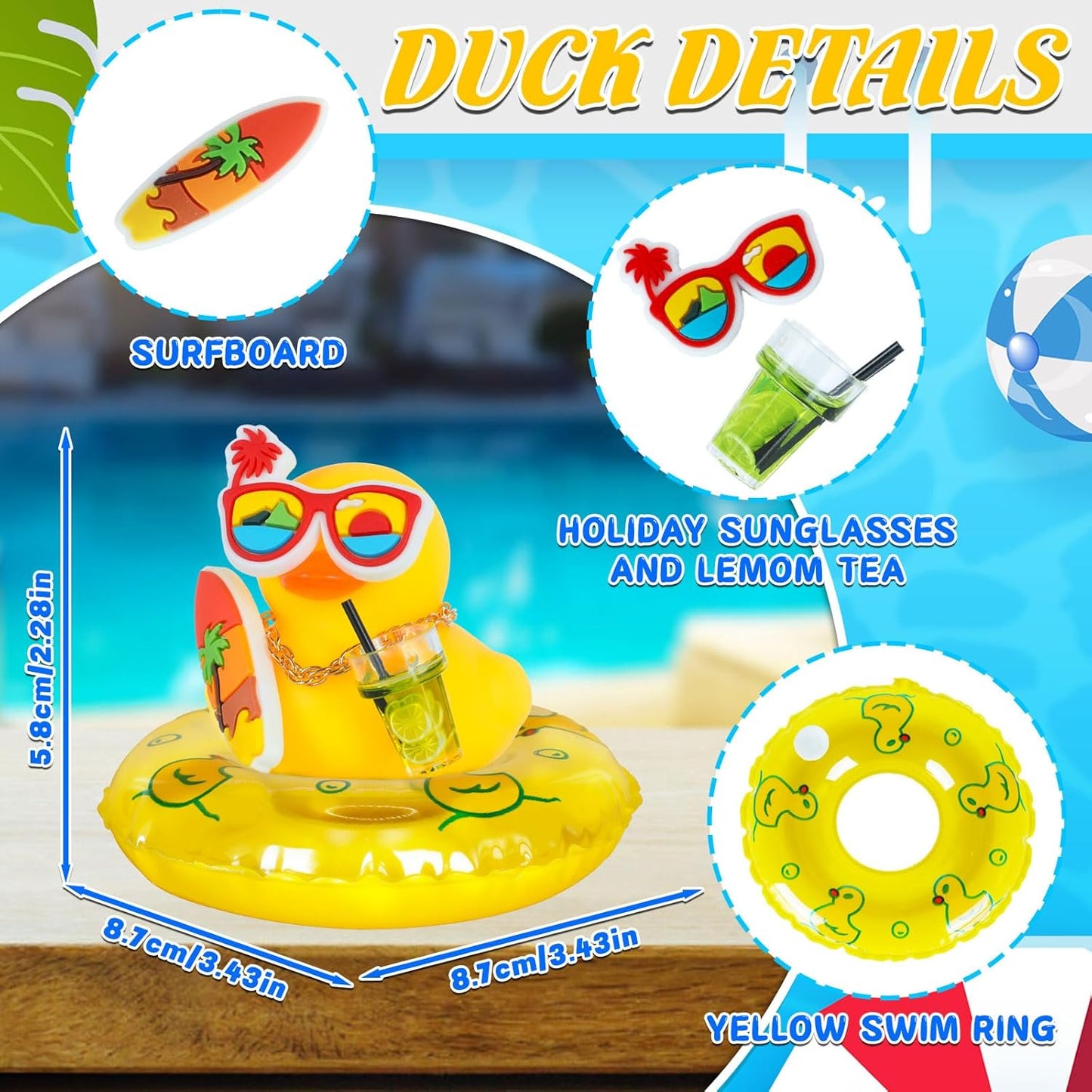 Car Rubber Duck with Yellow Swim Ring,Holiday Sunglasses,Surfboard Car Ornaments Summer Party Favors Baby Bath Toy Duck with Mini Lemon Tea