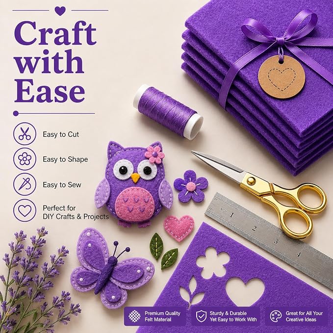 Purple Large Felt Fabric 36" x 36", 1mm Stiff Felt Sheet, Nonwoven Fabric