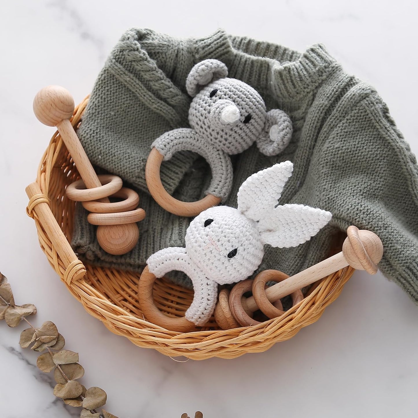 Wooden Baby Rattle, Crochet White Bunny Rattle and Wood Rattle Set, Newborn Wooden Animal Rattle Toy, Baby Wooden Rattle Toy 2PCS