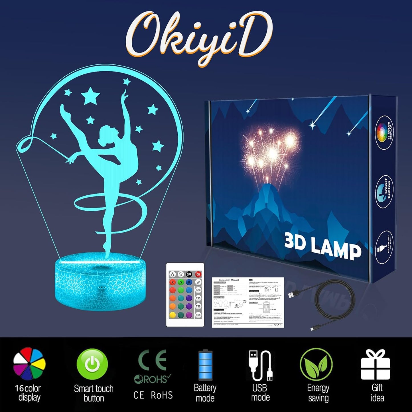 Gymnastics Stuff Gifts for Girls,Artistic Gymnastics 3D Night Light Illusion Lamp for Kids Women Friends Coach Gymnast Birthday Christmas Gifts,16 Colors Lighting with Remote
