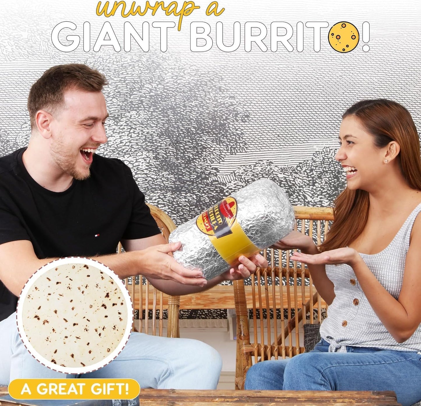 Zulay Giant Double Sided Tortilla Blanket with Tinfoil Packaging - Novelty Blanket for Adults & Kids - Soft Flannel Round Tortilla Blanket for Indoors, Outdoors, Travel, Home, 285 GSM - 71 Inches