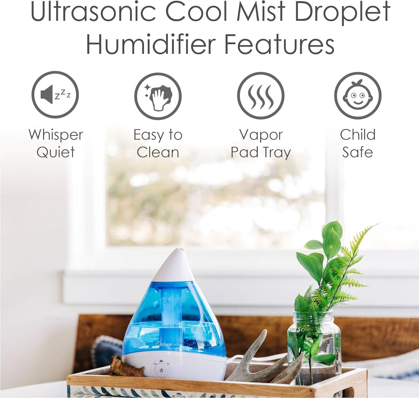Crane Droplet Ultrasonic Teardrop Cool Mist Air Humidifier, 0.5 Gallon for Bedroom and Office, Blue and White, Nursery Humidifier