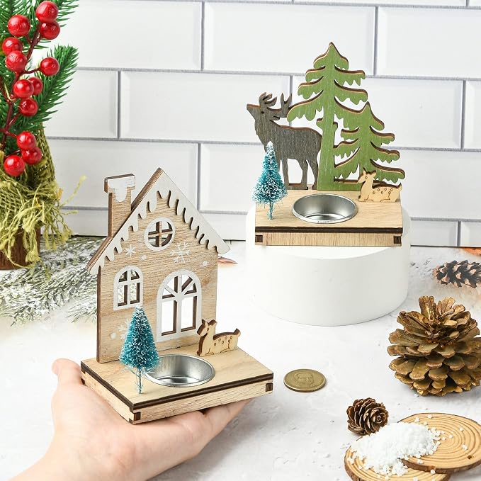 2 pcs 2 Styles Christmas Candlestick Theme Wooden Bases House Deer Tree Wood