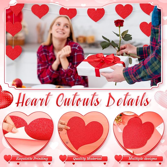 TaoBary 24 Pcs 7.08 Inch Valentine's Day Glitter Heart Cutouts Large Red Paper