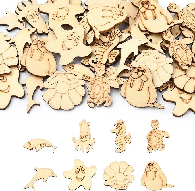 200 pcs Mixed Styles Ocean Animal Theme Undyed Wood Cutout Charms Octopus