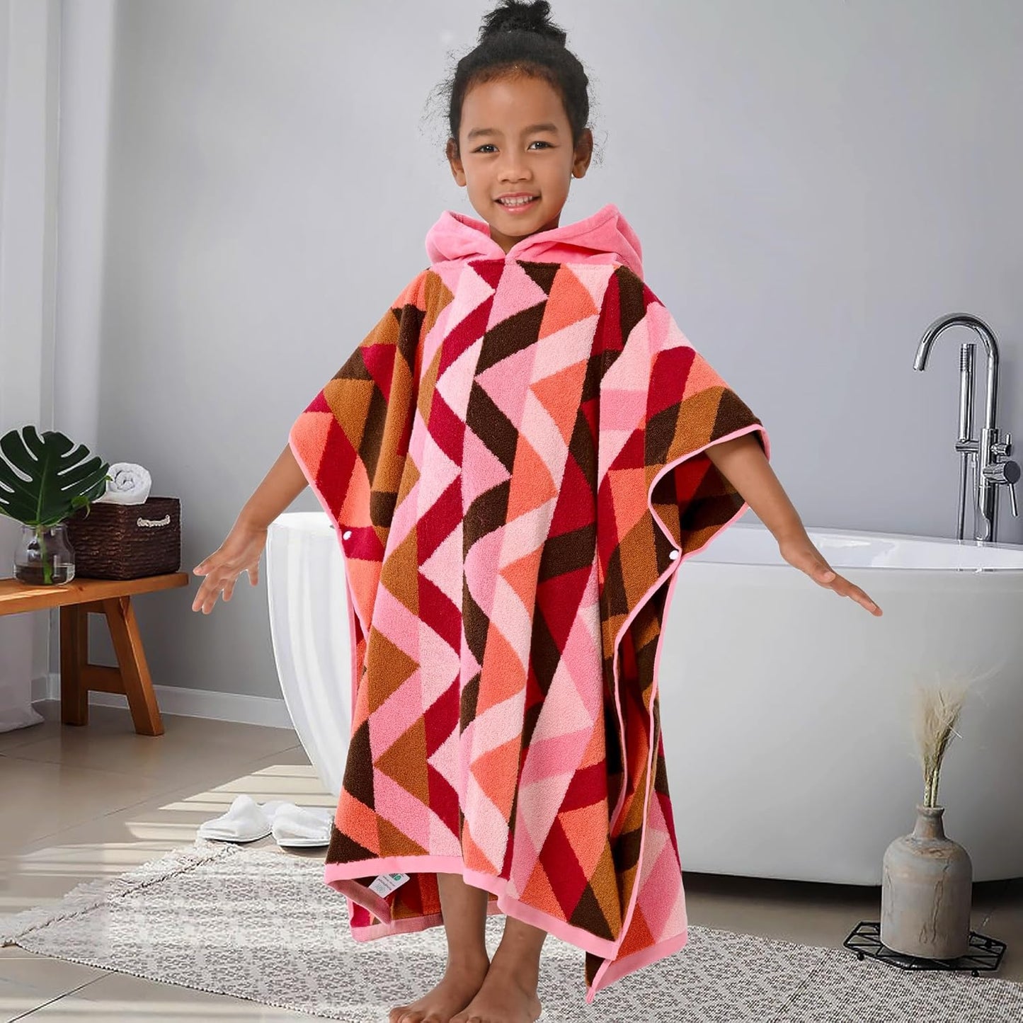 VOOVA & MOVAS Kids Towels Poncho with Hood (4-8Years) - Thick 500GSM,Soft, Absorbent, 100% Cotton Swim Towel, Perfect for Bathroom | Pool | Swim, Jacquard,Red