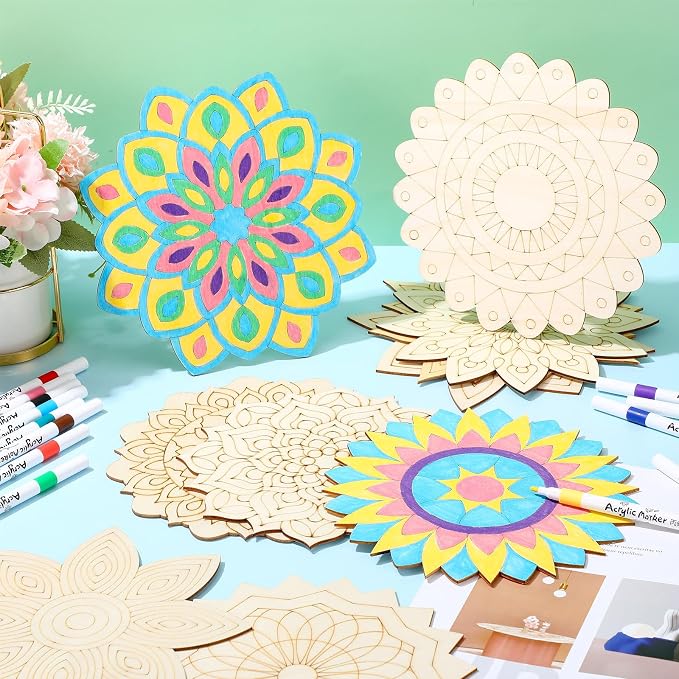 Vercraft 22 Pcs Wooden Mandala Painting Set 10 Mandala Unfinished Wood Cutouts