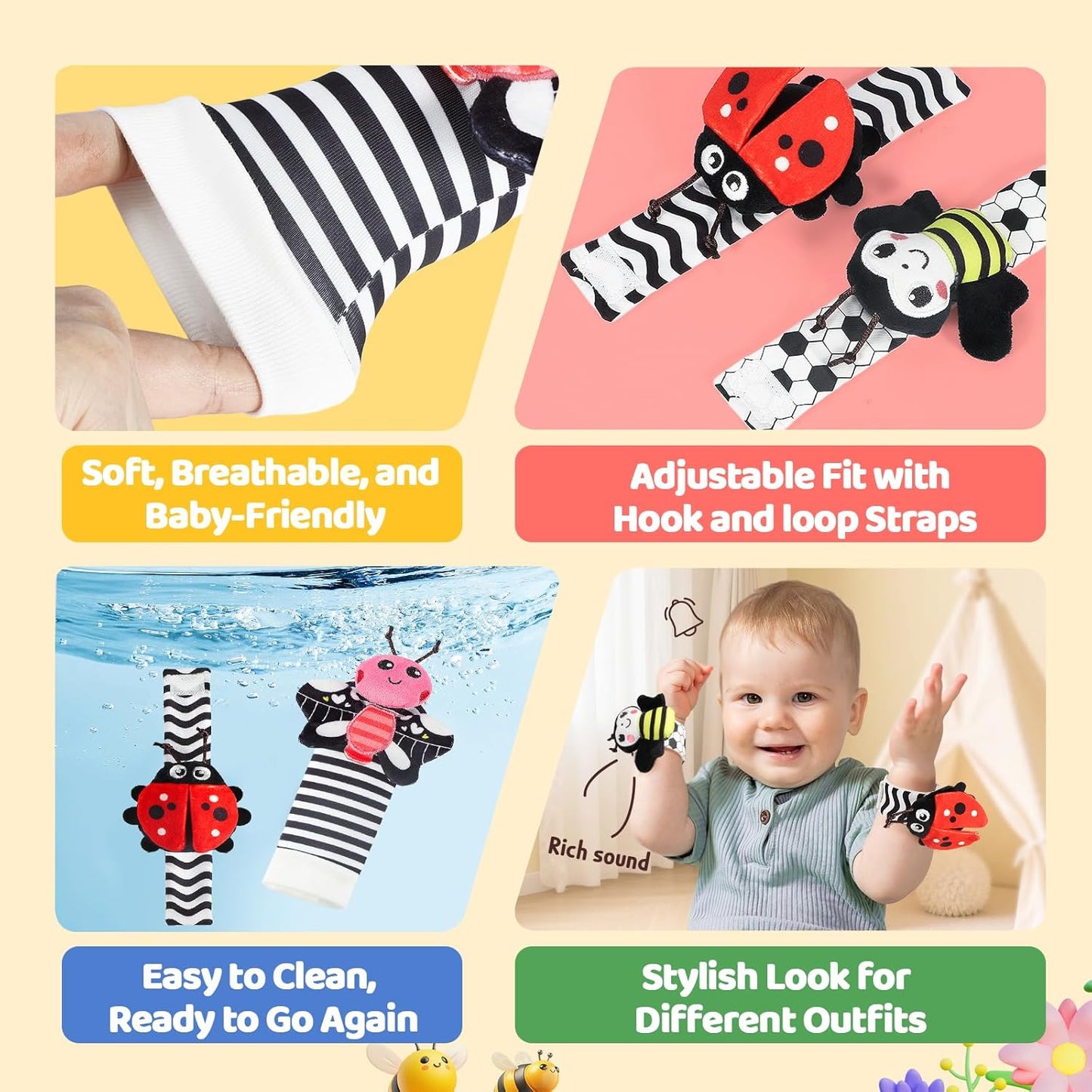 URMYWO Wrist Rattles for Baby - Rattle Socks - Foot Finder Set - High Contrast Black and White Baby Toys for 0-12 Months Infant - Newborn Essentials - Sensery Toys for Boys and Girls as Shower Gifts