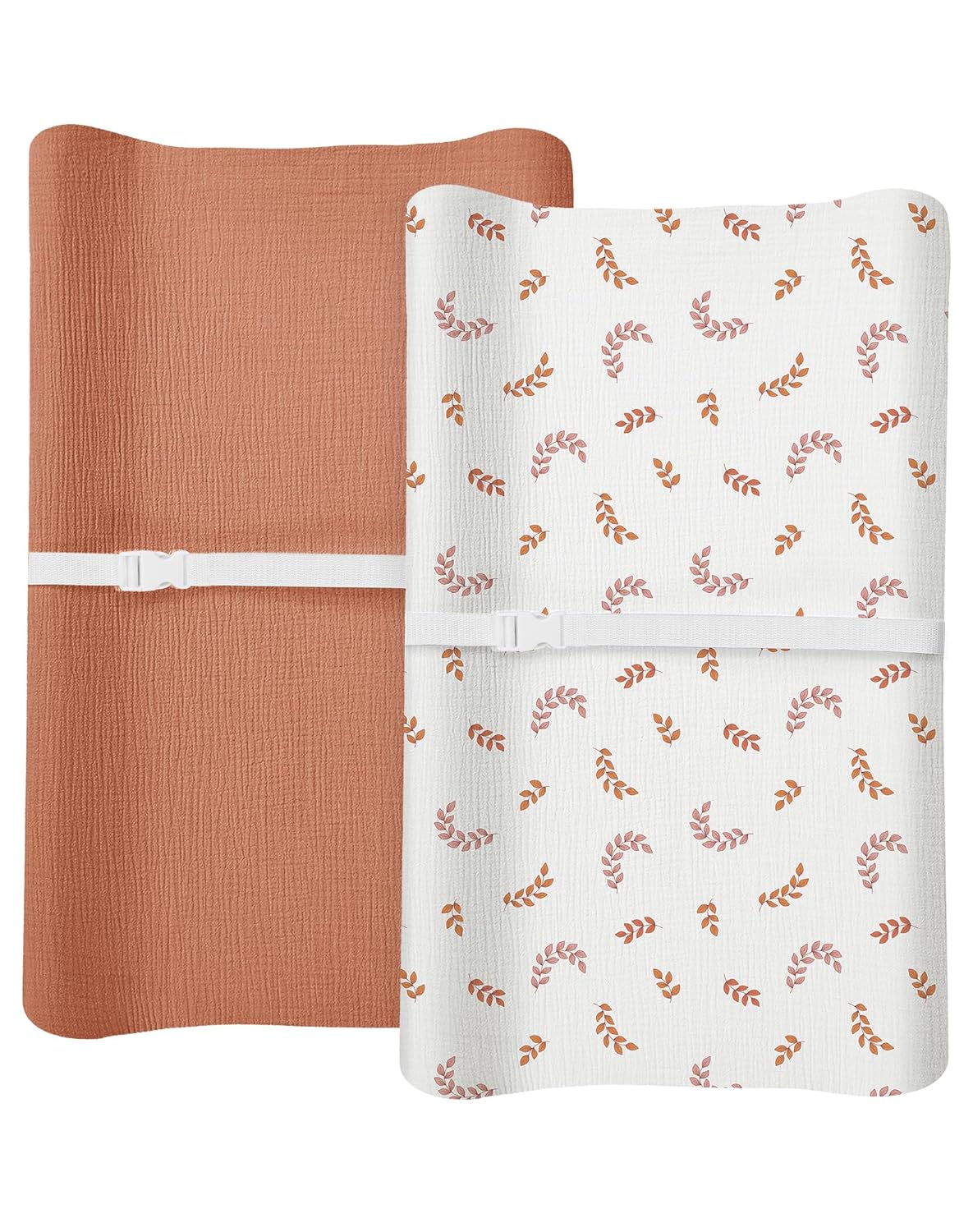 Changing Pad Cover for Baby Boy Girl 2 Pack, Muslin Changing Table Pad Covers with Boho Style, Neutral Nursery Bedding Essentials Soft and Breathable(Brick & Leaf)
