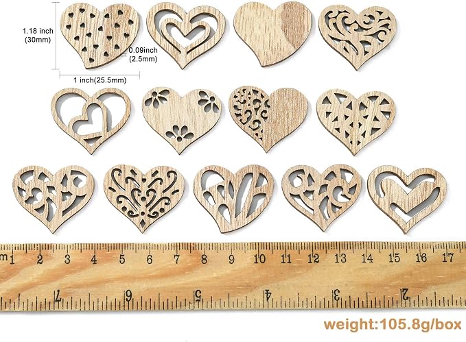 200 pcs Mixed Styles Hollow Heart Theme Unfinished Wood Cutout Charms Cute Love