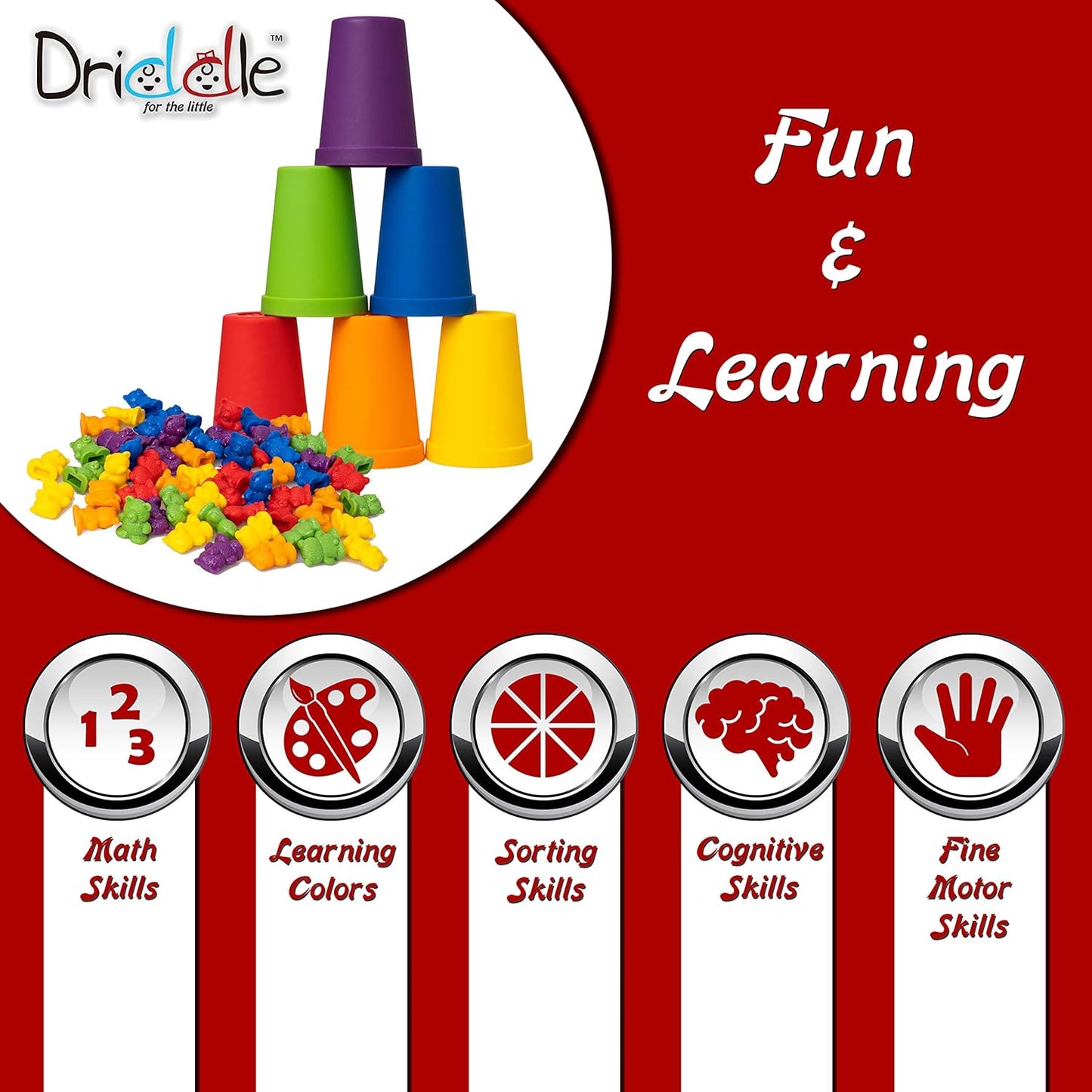 Colorful Counting Bears with Matching Cups - 60 Bears - Sort, Count & Color Recognition Learning Toy for Toddler & Kids - Montessori Education - Preschool Game