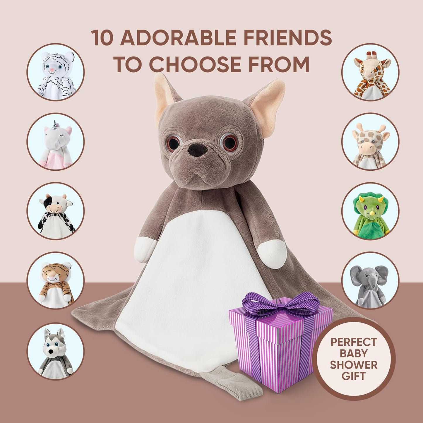 Baby Sleep Soother Taupe Bulldog Plush with Heartbeat & Lullaby Sounds, 4-in-1 Sound Machine, Security Blanket & Pacifier Holder, Baby Registry Essential & Christmas Gift for Newborns & Infants