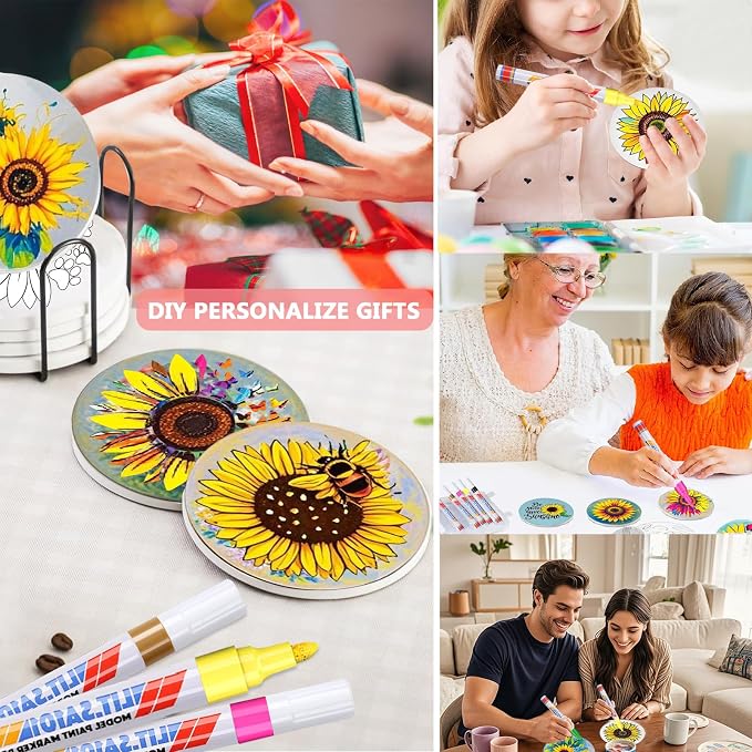 6 Absorbent Ceramic Tiles with Cork Base, Paint Your Own Sunflower Coaster |