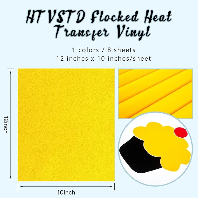 HTVSTD Yellow Flock HTV Heat Transfer Vinyl 8pcs 12×10in Iron on Vinyl |