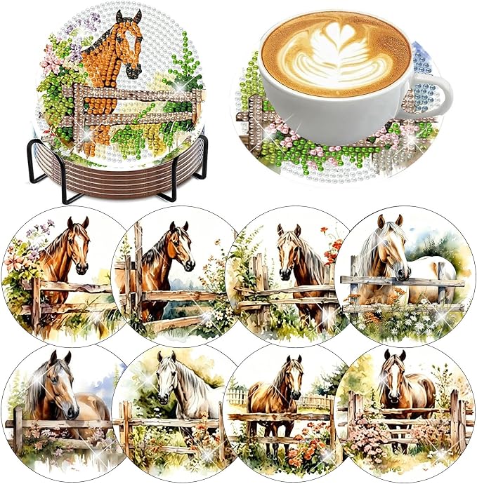 Zythron 8 Pack Horse Diamond Art Coasters, Diamond Painting Coasters Kits |