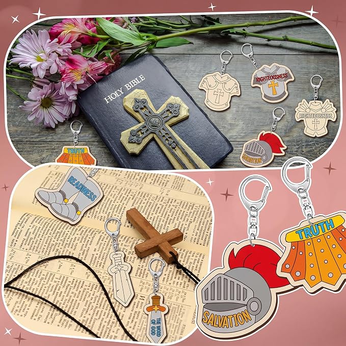 RattanView 24 Pcs Armor of God Crafts Color Your Own Keychains DIY Craft Wooden