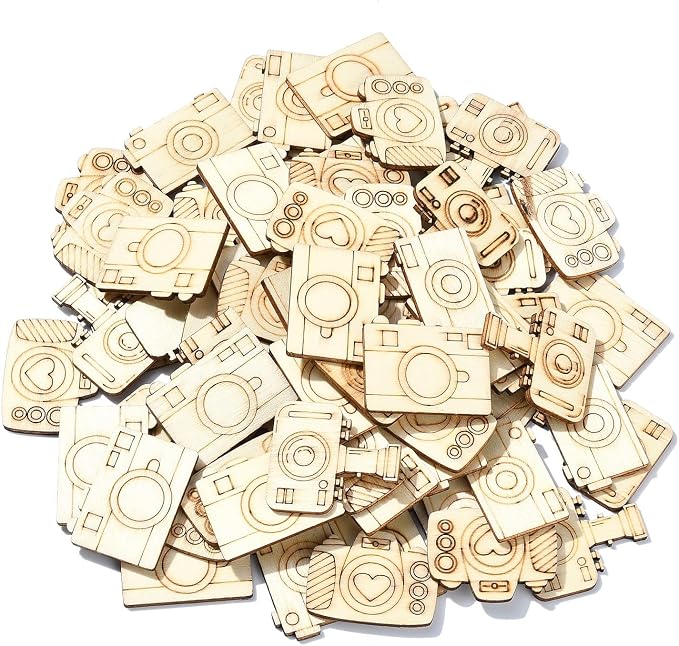 200 pcs Mixed Styles Camera Theme Unfinished Wooden Cutout Charms Travel