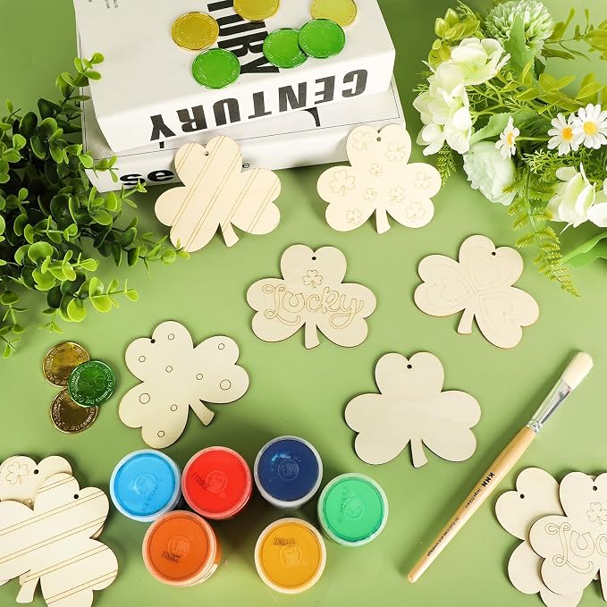 COCHIE St. Patrick's Day Shamrock Wood Crafts to Paint Set of 24, Saint Patrick