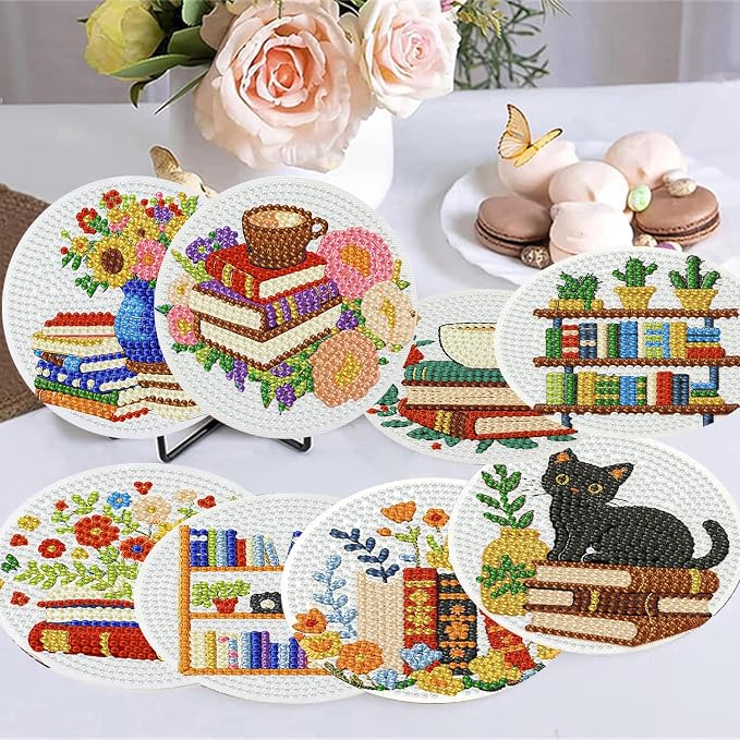 8 Pack Diamond Art Coasters, Bookshelf Diamond Painting Coasters Kits | Books