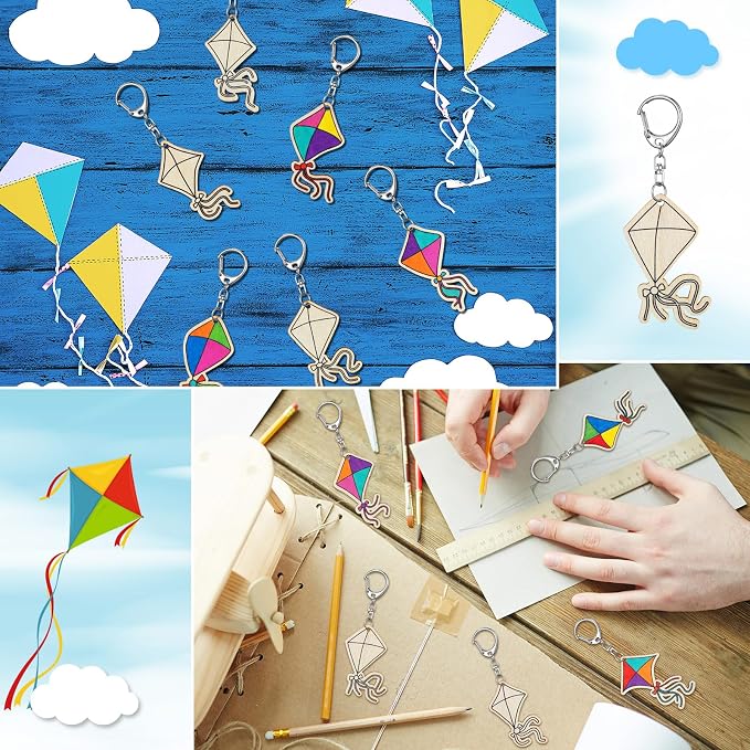 RattanView 24 Pcs Kites Crafts Color Your Own Keychains DIY Craft Wooden Blank
