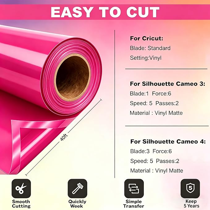 Pink Permanent Vinyl for Cricut Cutting Machine, Waterproof, Durable Pink Vinyl