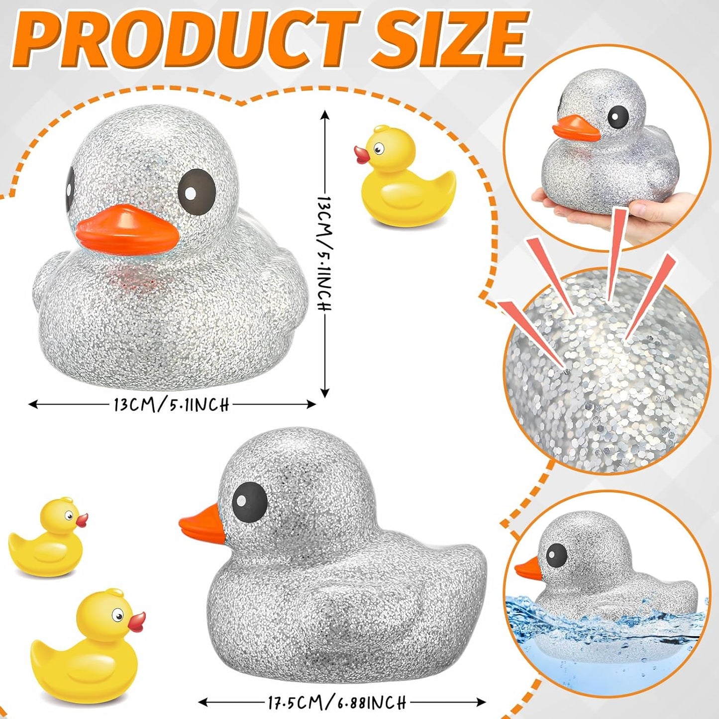 Honoson 6.89 Inch Giant Glitter Rubber Duck Big Glitter Rubber Duck Large Sparkly Duckling Bath Toy with Squeaky Sound for Summer Baby Shower Birthday Party Favor Gift(Silver)