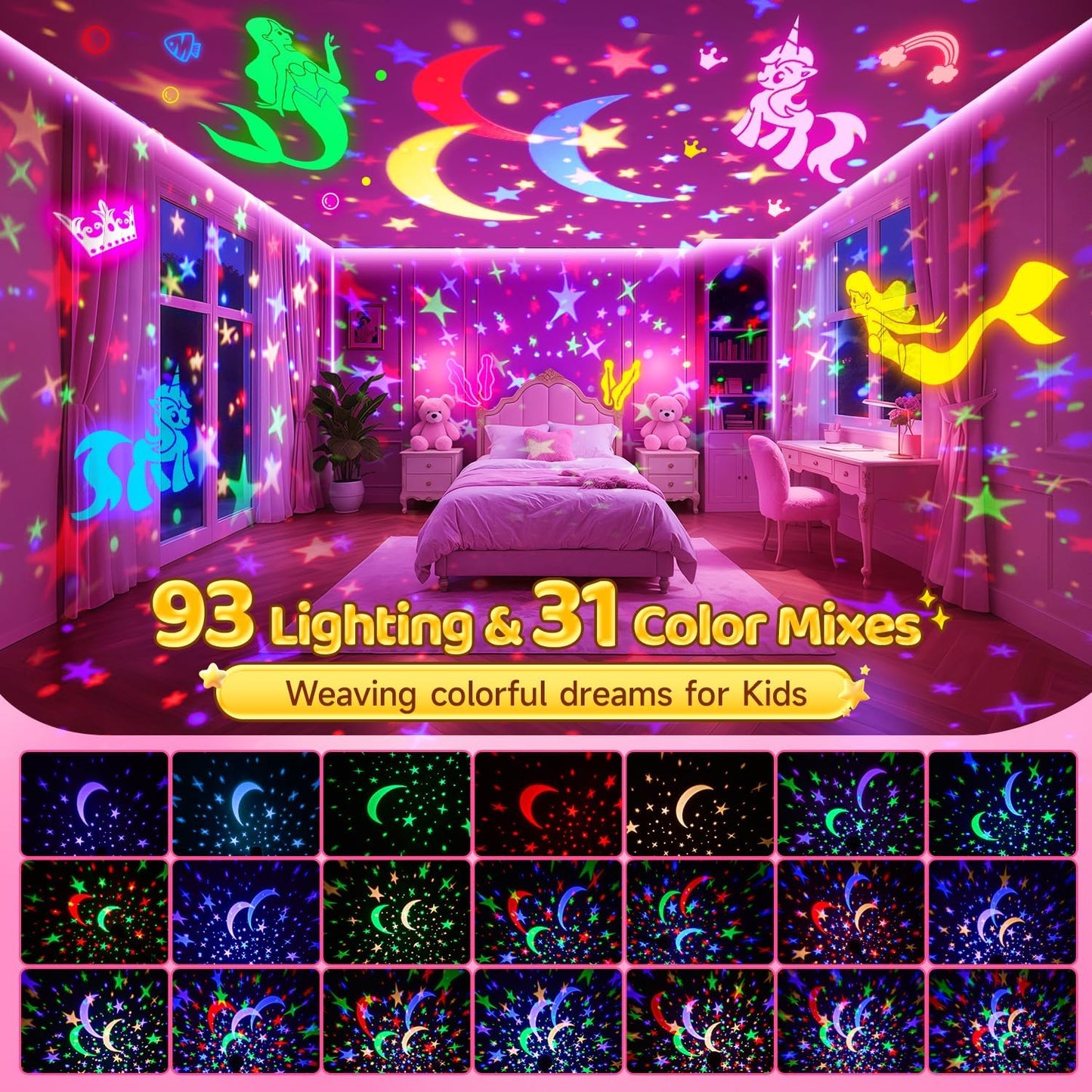 Girl Toys Age 1-10 Years Old, 【3 Film & 93 Colors】Princess Toys Mermaid Toys Unicorn Toys for Girls Age 4-6 Night Light for Kids Projector, Remote Control Little Girls Toys, Girl Gifts Toys for 3-8