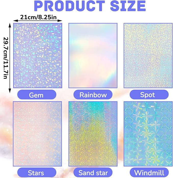 60 Sheets Holographic Laminate Sheets Clear Glitter A4 Size Vinyl Sticker Paper