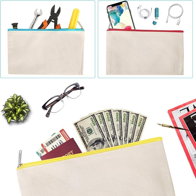12 Pieces Cotton Canvas Makeup Bag, Blank DIY Craft Bag
