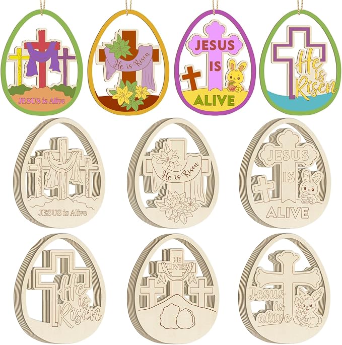 36PCS Wooden Easter Ornaments to Paint, Christian DIY Blank Unfinished Wood Egg