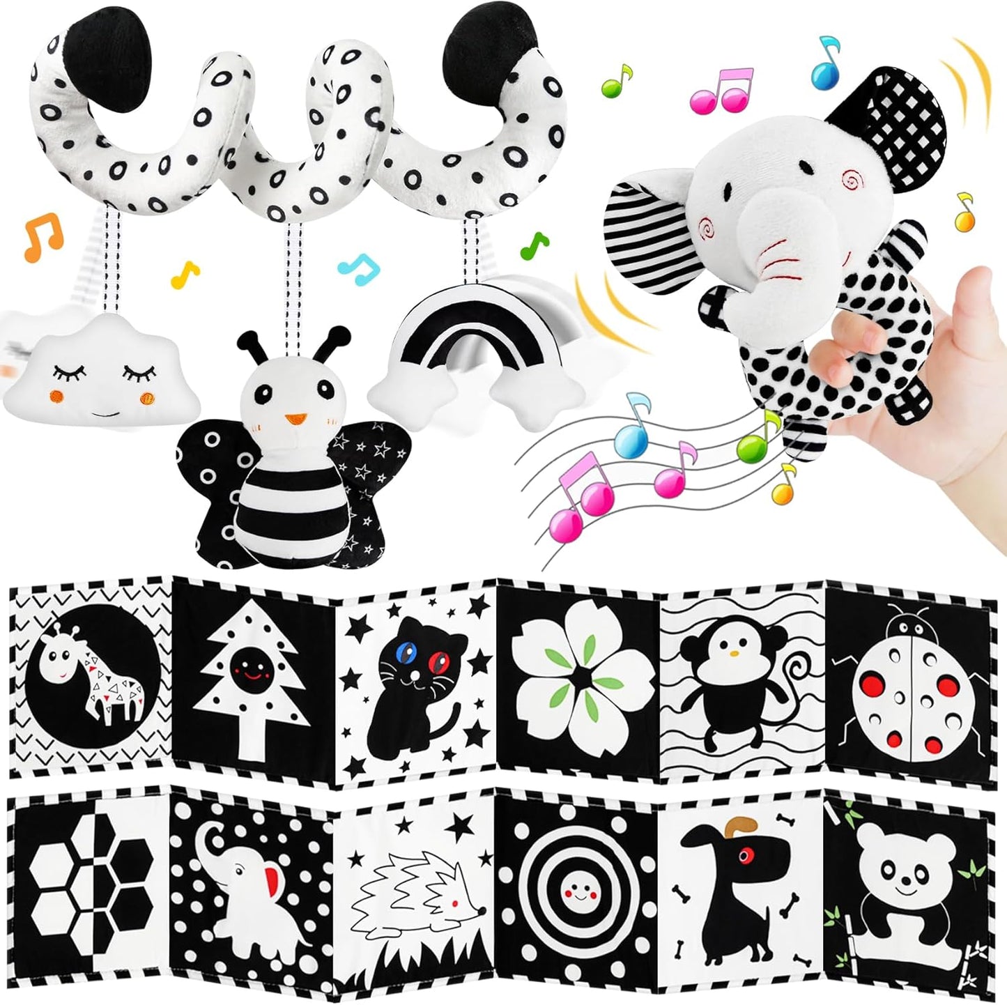Car Seat Toys for Babies 0-6 Months,Hanging Rattle Toys for Crib Mobile, Baby Spiral Hanging Stroller Black and White High Contrast Toys for Newborn 0 3 6 9 12 Months Baby Boys Girls (Set-1)